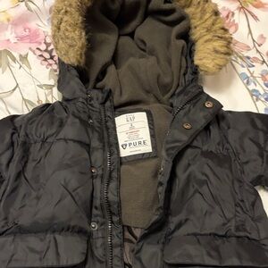 Baby GAP Black Kids Puffer Jacket with Faux Fur Trim Hood